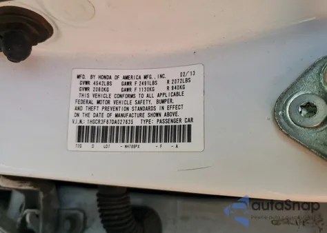 2013 Honda Accord Exl из США, поврежденный, VIN 1HGCR3F87DA027635